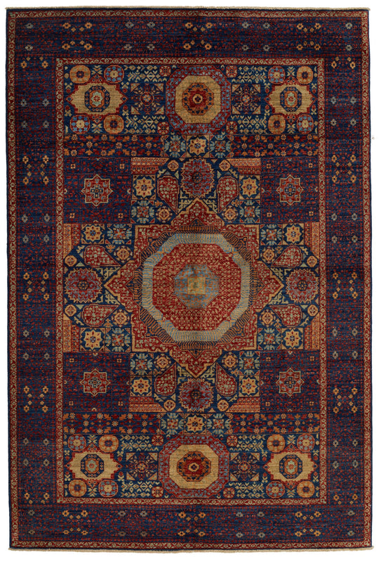 6x9 Navy and Multicolor Turkish Tribal Rug