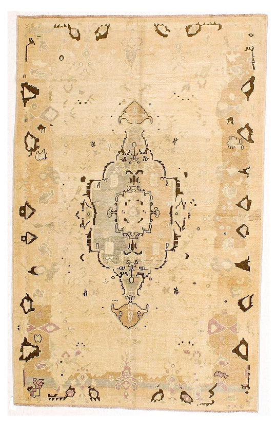 5x8 Ivory and Brown Turkish Tribal Rug