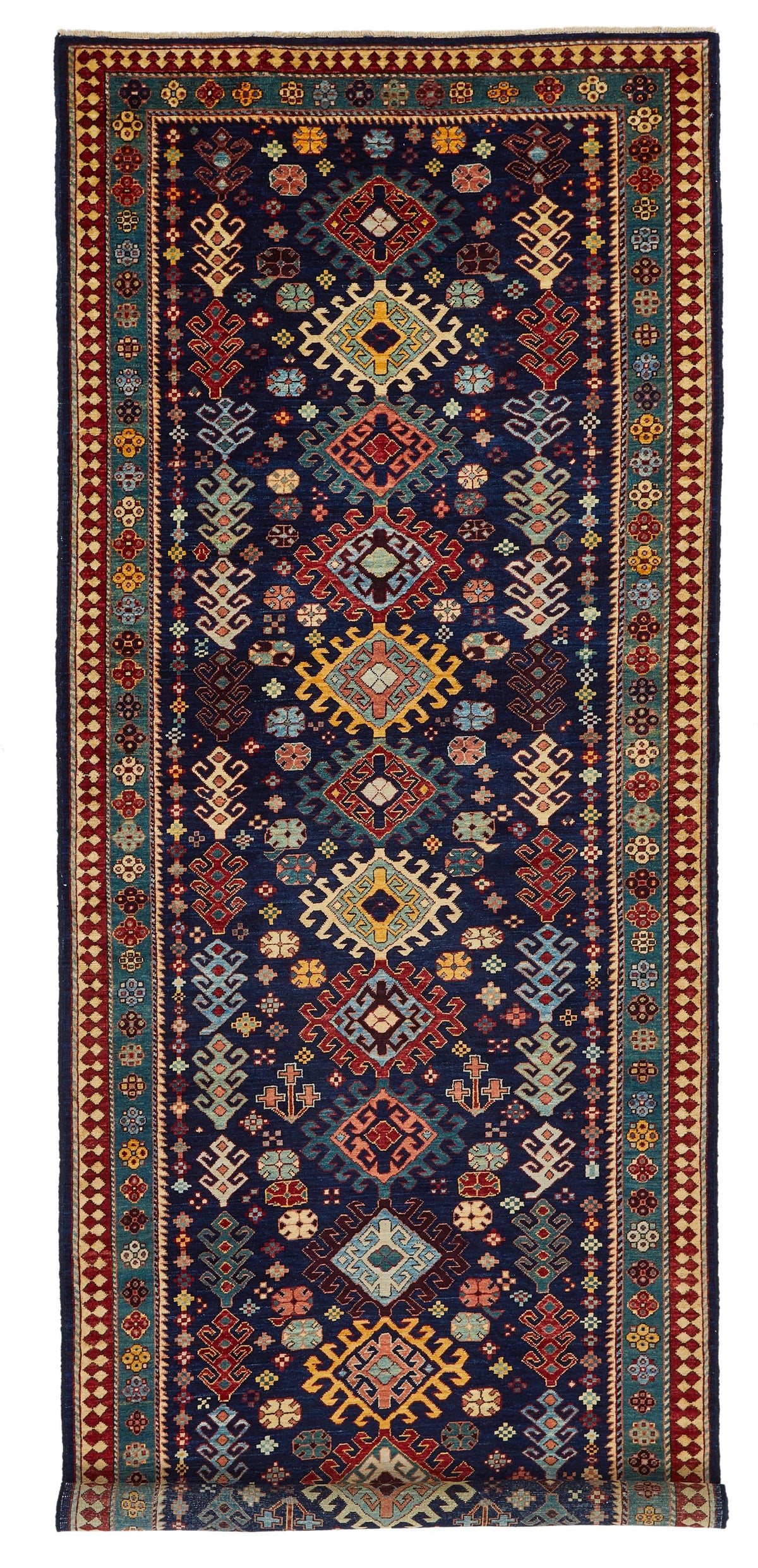 4x12 Navy and Green Anatolian Tribal Runner