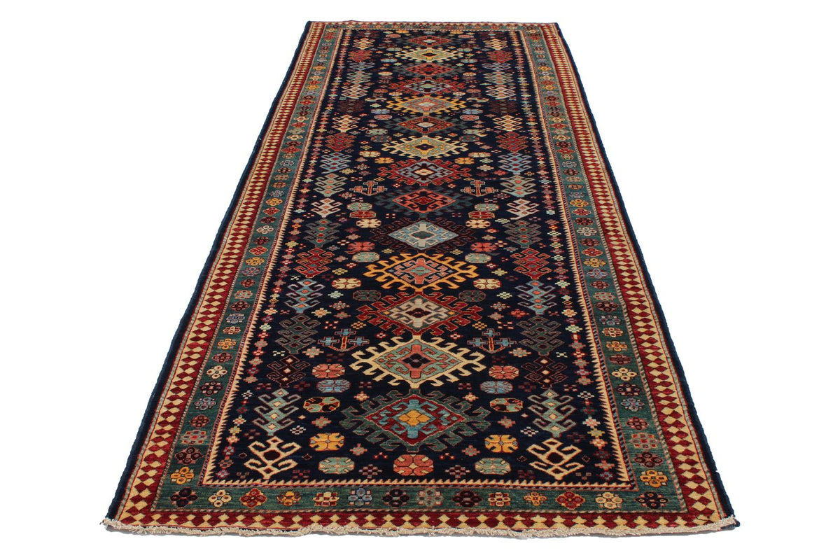 4x12 Navy and Green Anatolian Tribal Runner