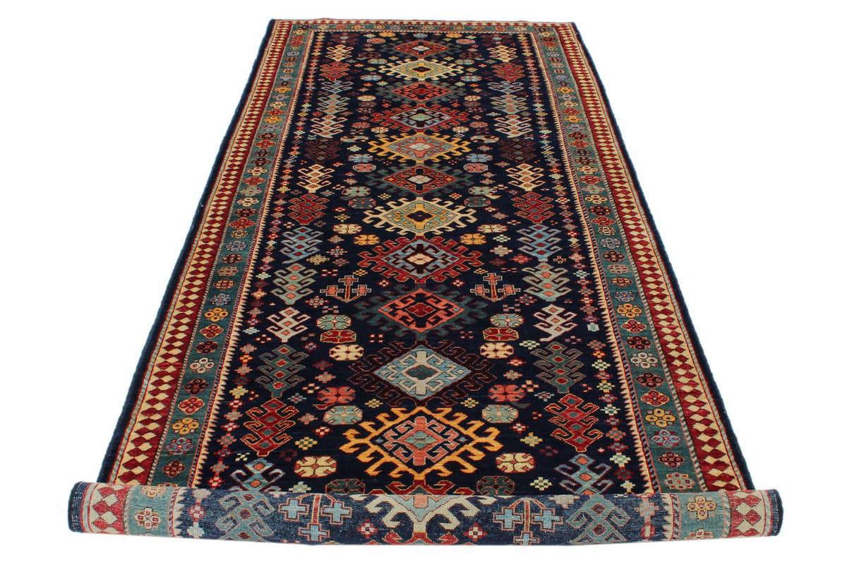 4x12 Navy and Green Anatolian Tribal Runner