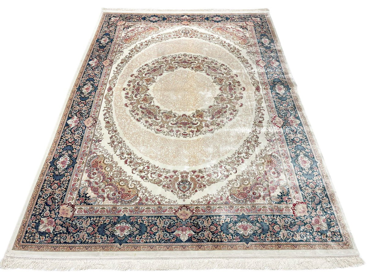 6x8 Ivory and Blue Turkish Antep Rug