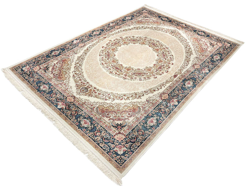 6x8 Ivory and Blue Turkish Antep Rug