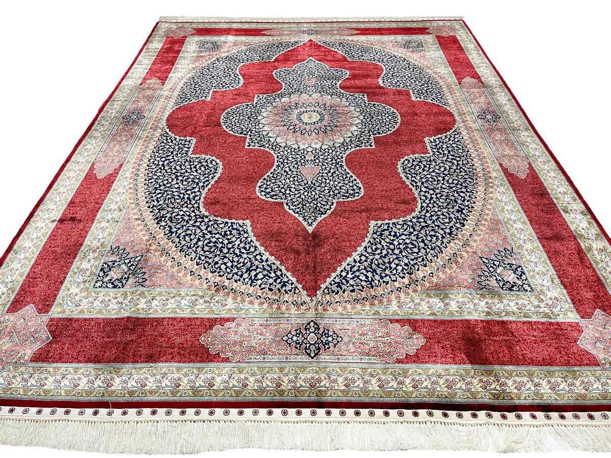 8x11 Red and Navy Turkish Silk Rug