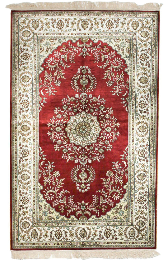 3x5 Red and Ivory Turkish Silk Rug