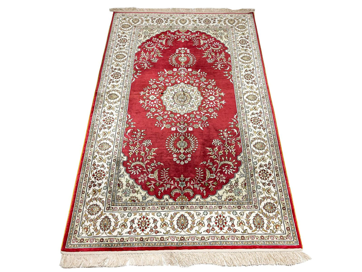 3x5 Red and Ivory Turkish Silk Rug