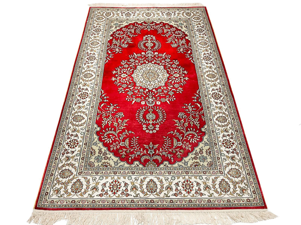 3x5 Red and Ivory Turkish Silk Rug