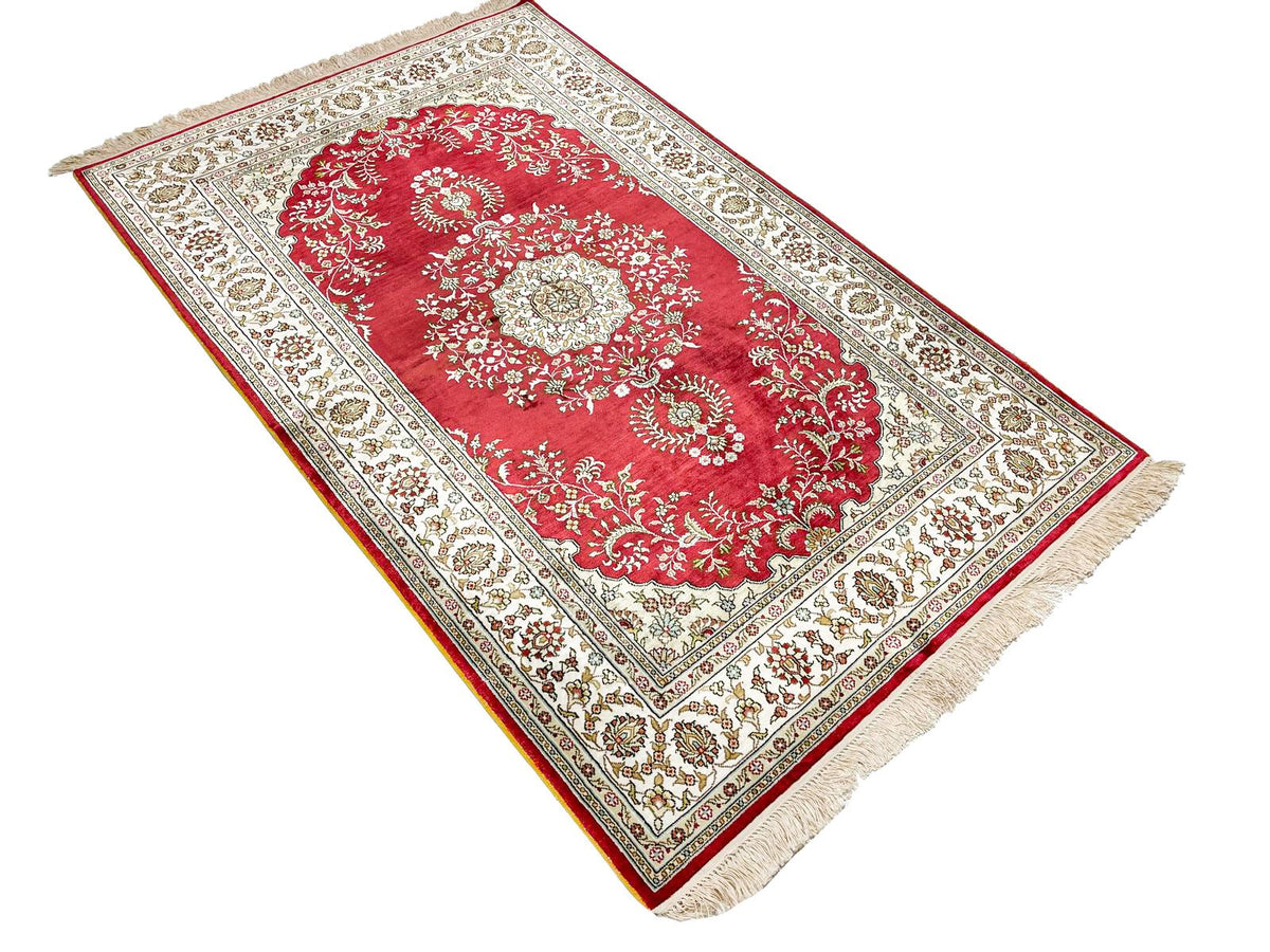 3x5 Red and Ivory Turkish Silk Rug