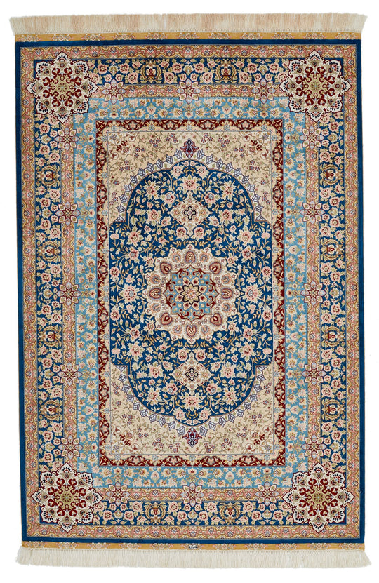 4x6 Blue and Multicolor Turkish Silk Rug