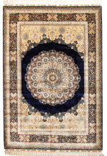 6x8 Navy and Multicolor Turkish Silk Rug