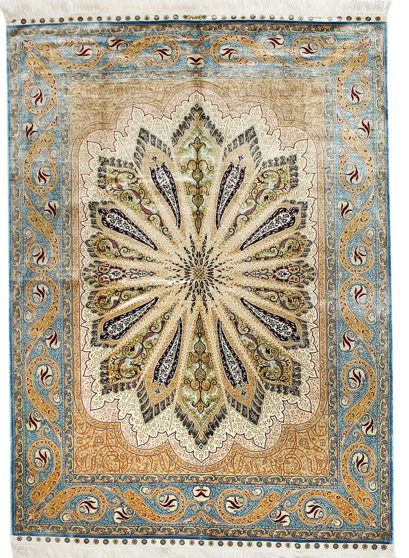 5x7 Ivory and Blue Turkish Silk Rug