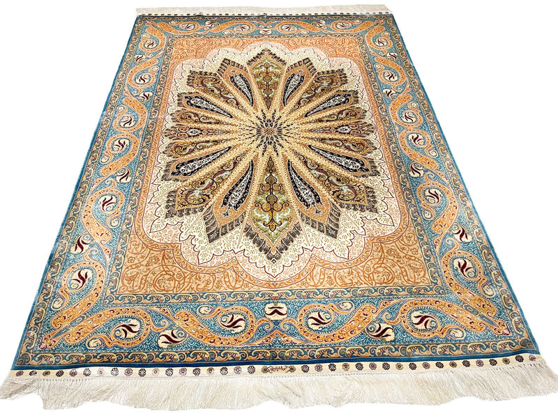 5x7 Ivory and Blue Turkish Silk Rug