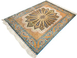 5x7 Ivory and Blue Turkish Silk Rug