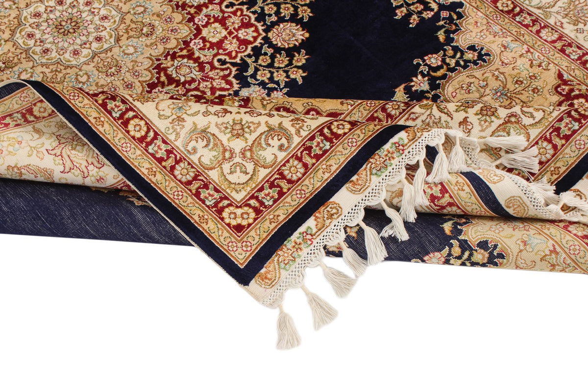 6x8 Navy and Ivory Turkish Silk Rug