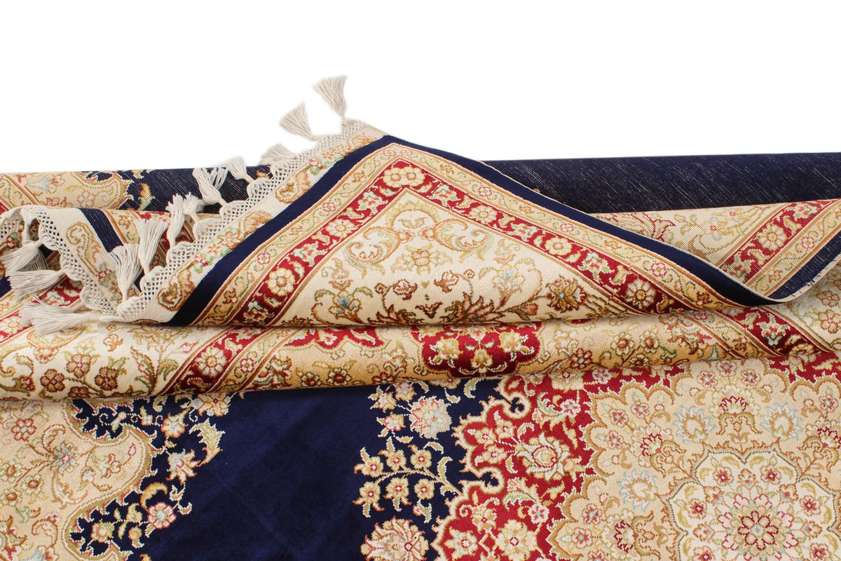 6x8 Navy and Ivory Turkish Silk Rug