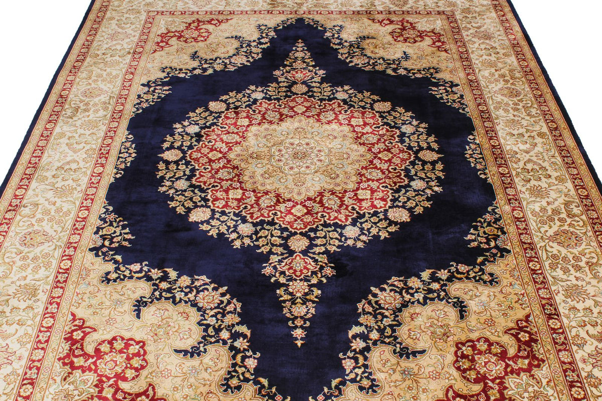 6x8 Navy and Ivory Turkish Silk Rug