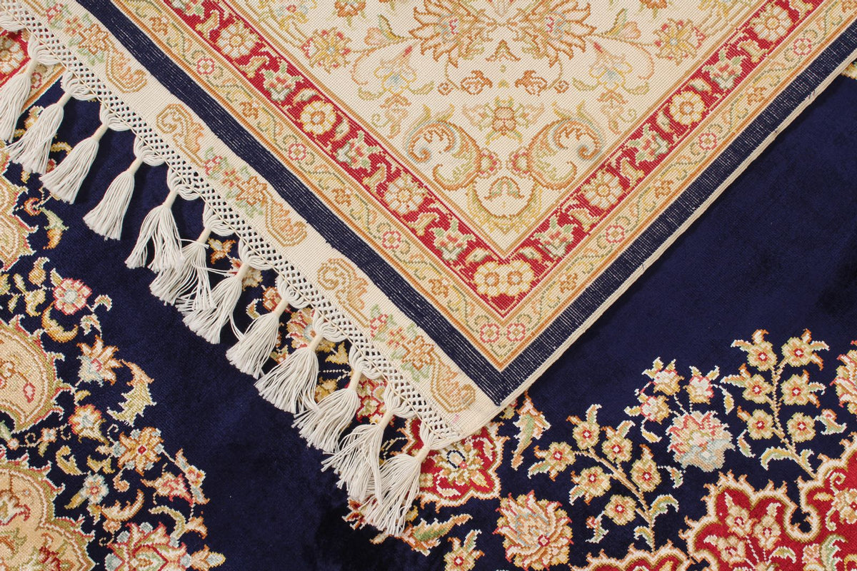 6x8 Navy and Ivory Turkish Silk Rug
