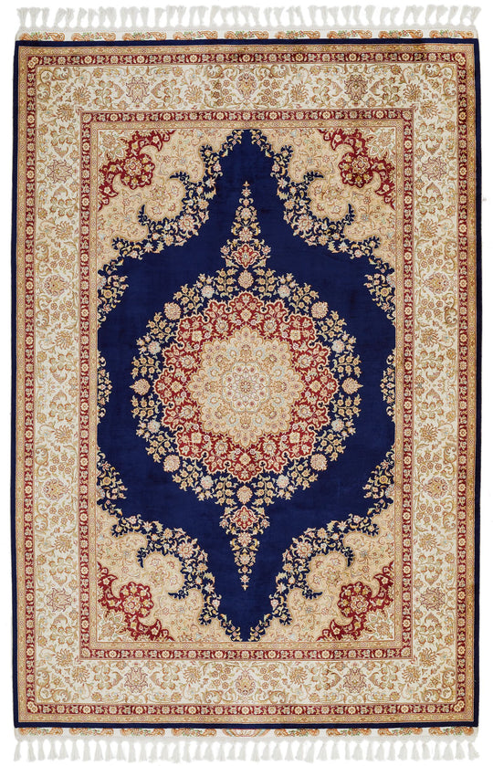 6x8 Navy and Ivory Turkish Silk Rug