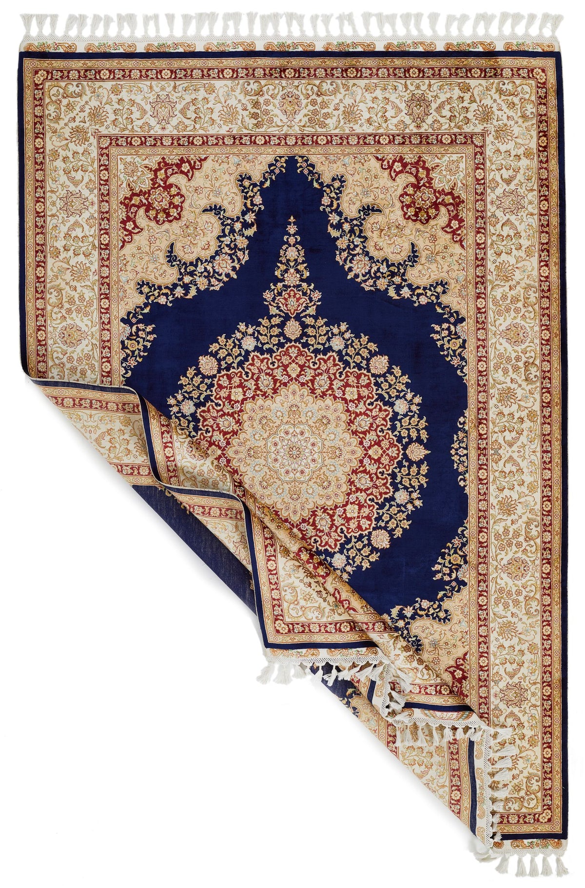 6x8 Navy and Ivory Turkish Silk Rug