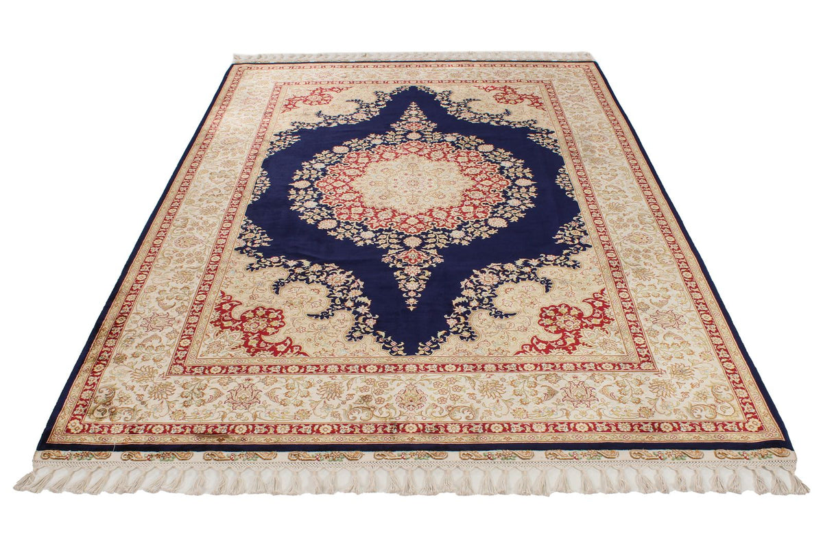 6x8 Navy and Ivory Turkish Silk Rug