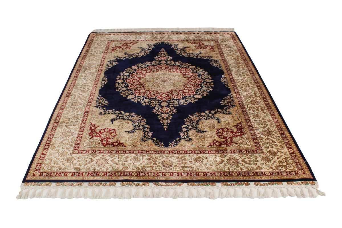 6x8 Navy and Ivory Turkish Silk Rug