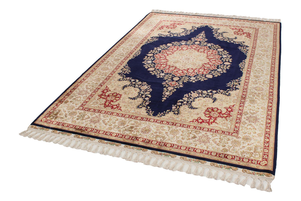 6x8 Navy and Ivory Turkish Silk Rug