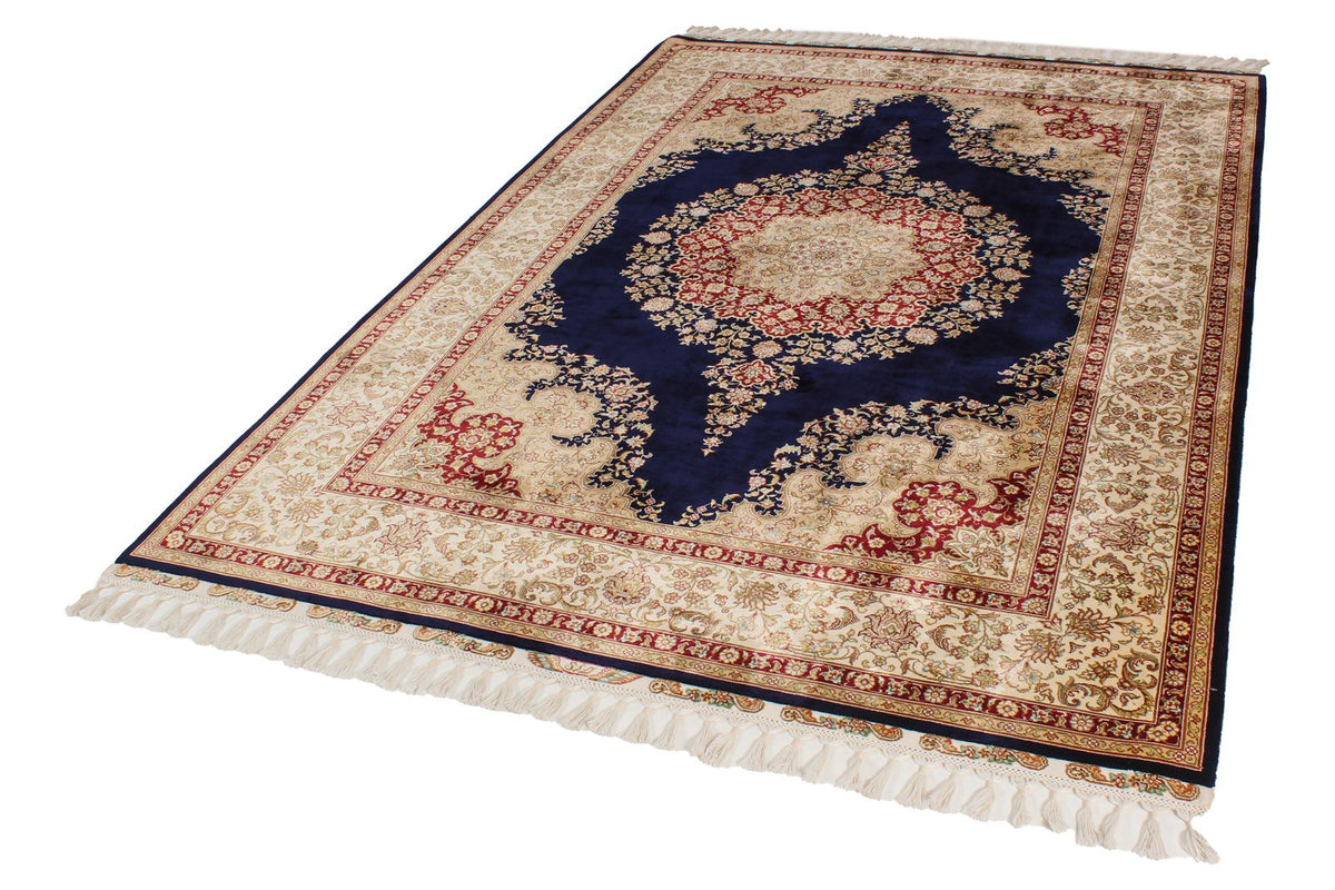 6x8 Navy and Ivory Turkish Silk Rug