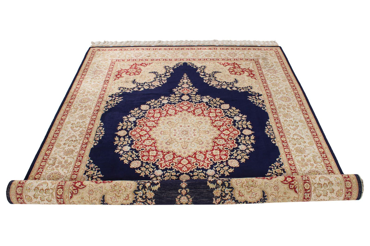 6x8 Navy and Ivory Turkish Silk Rug