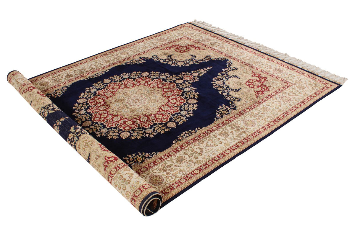 6x8 Navy and Ivory Turkish Silk Rug