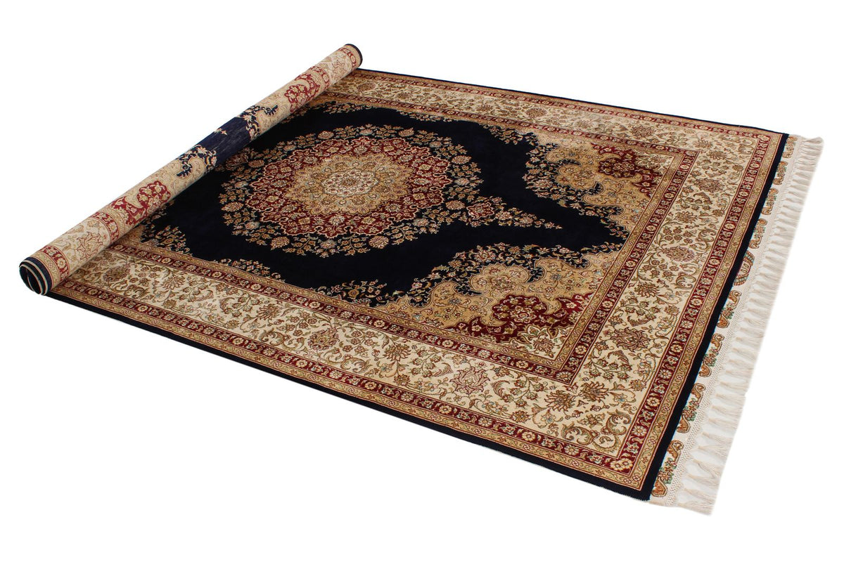 6x8 Navy and Ivory Turkish Silk Rug