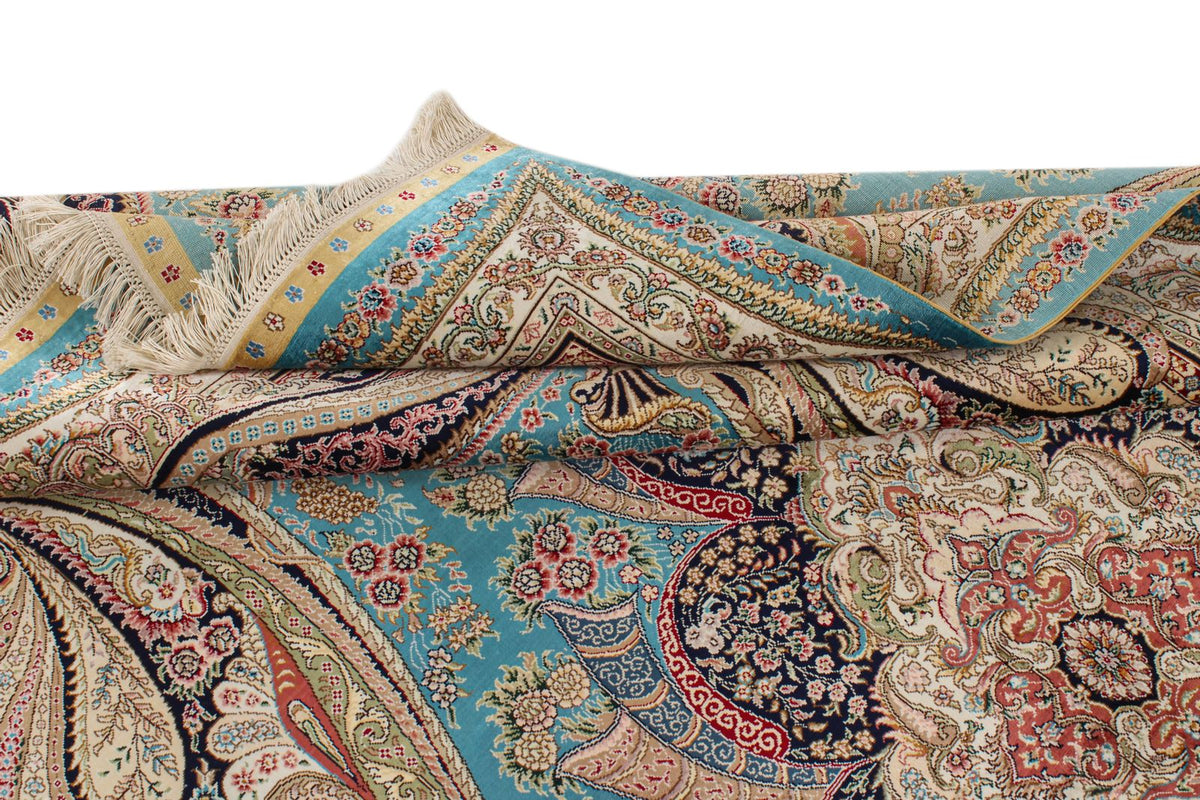 5x8 Blue and Ivory Turkish Silk Rug