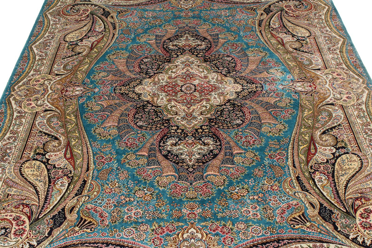 5x8 Blue and Ivory Turkish Silk Rug