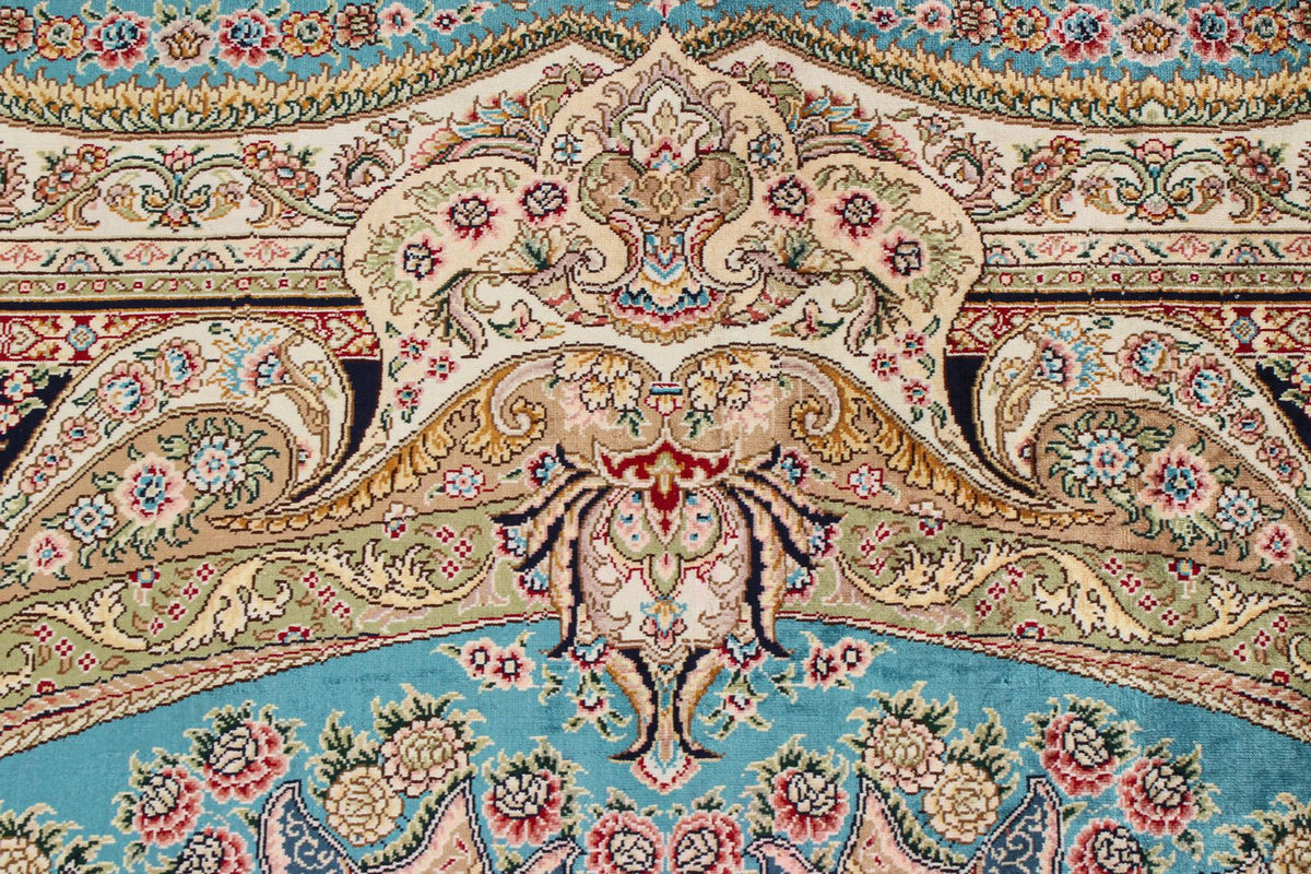 5x8 Blue and Ivory Turkish Silk Rug