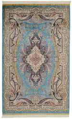 5x8 Blue and Ivory Turkish Silk Rug