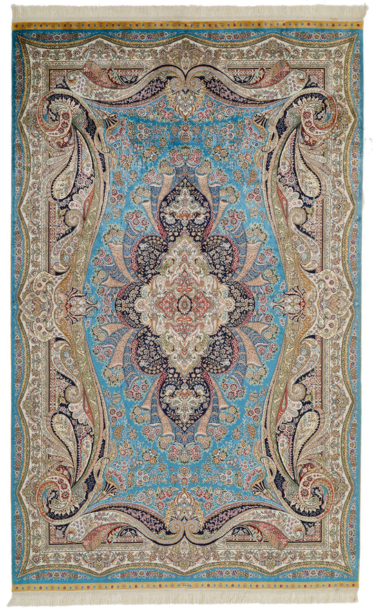 5x8 Blue and Ivory Turkish Silk Rug