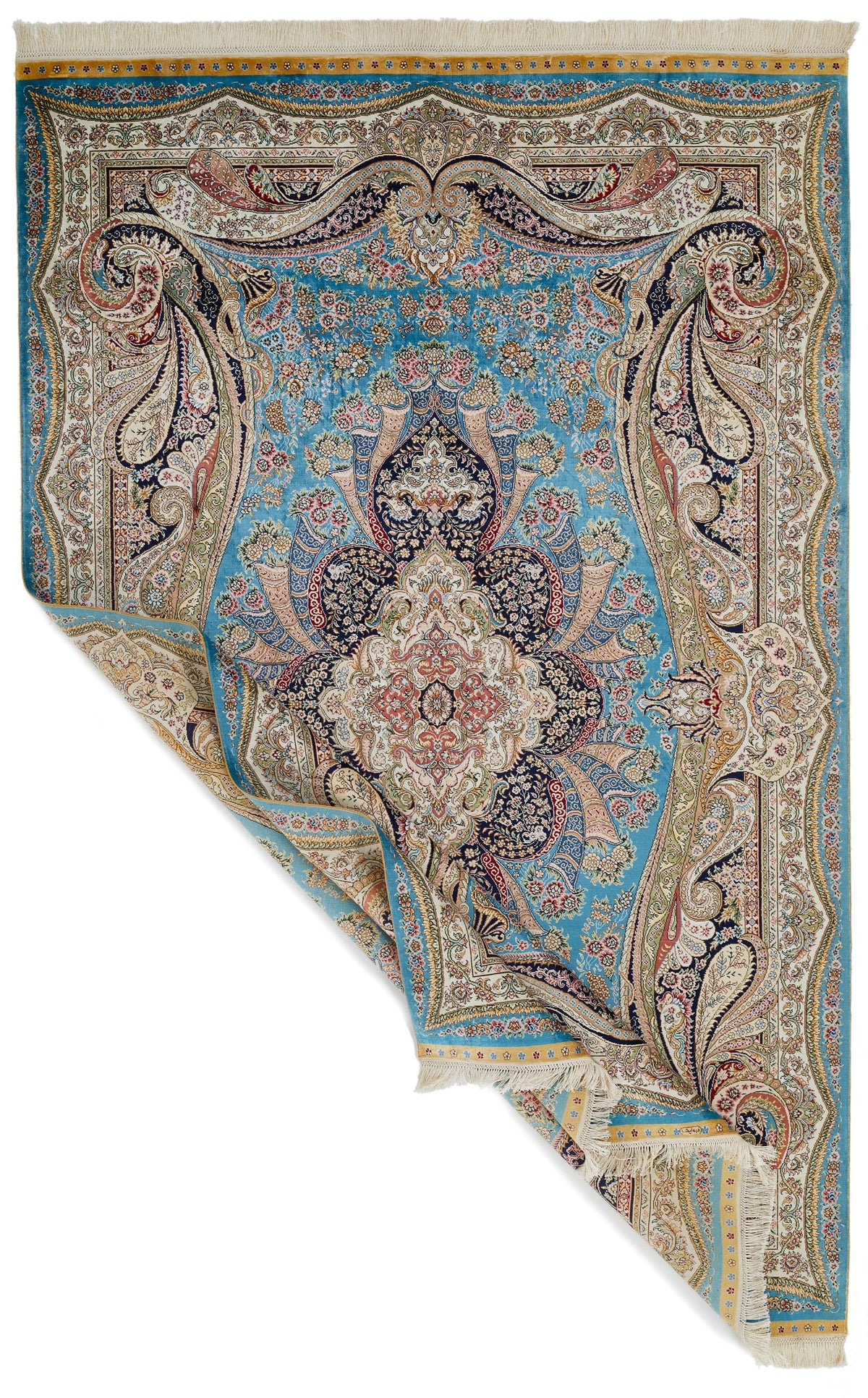 5x8 Blue and Ivory Turkish Silk Rug