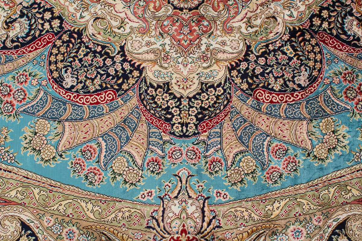 5x8 Blue and Ivory Turkish Silk Rug