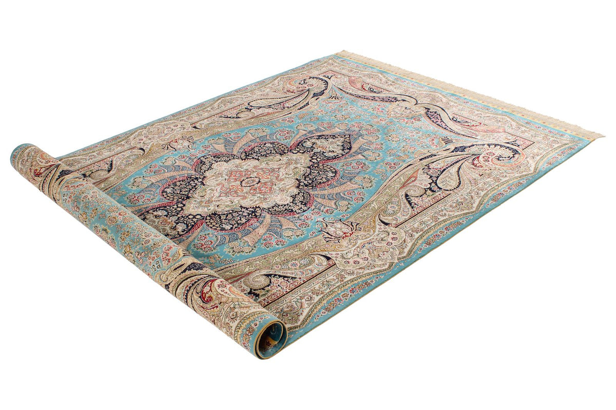 5x8 Blue and Ivory Turkish Silk Rug