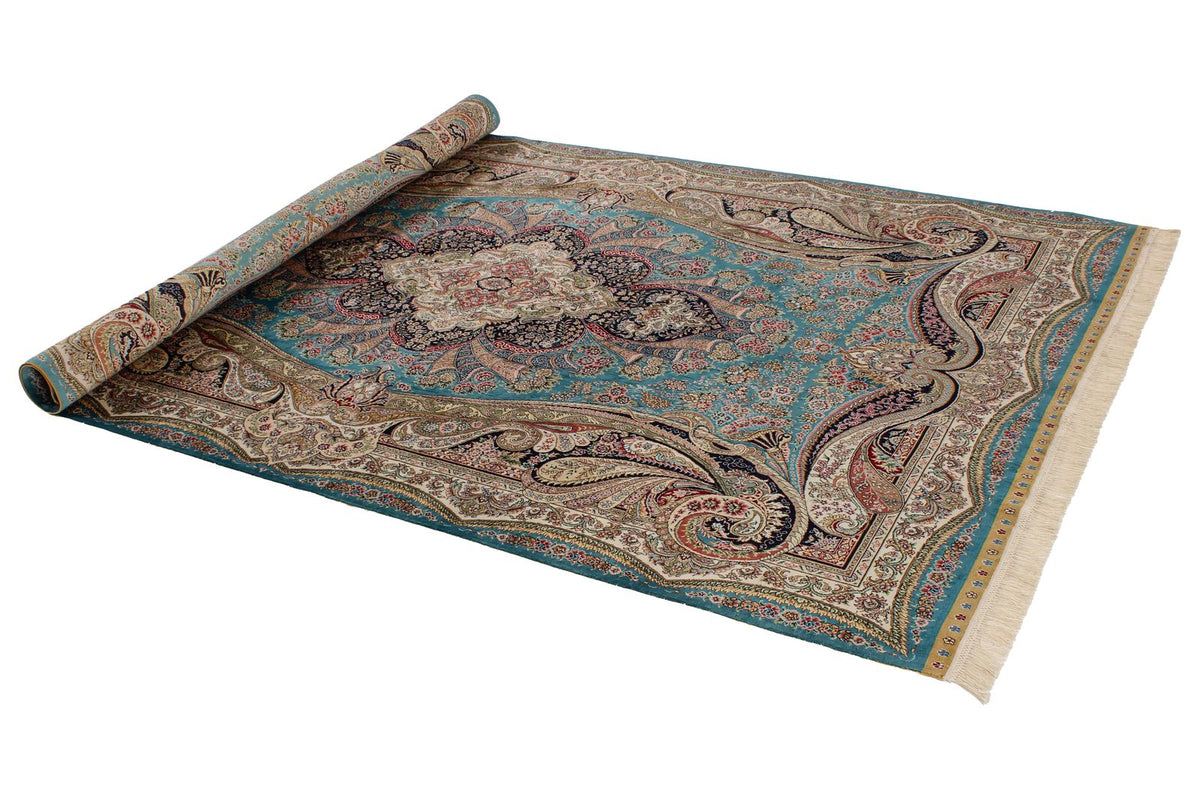 5x8 Blue and Ivory Turkish Silk Rug
