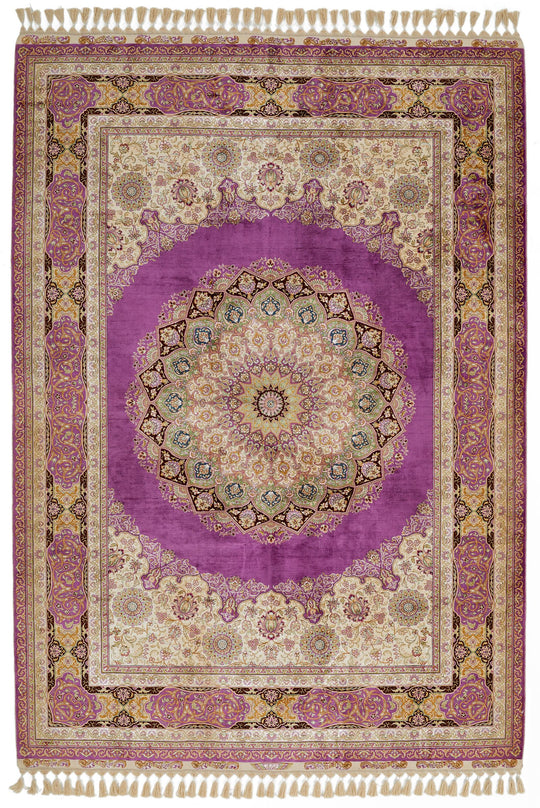 6x8 Purple and Ivory Turkish Silk Rug