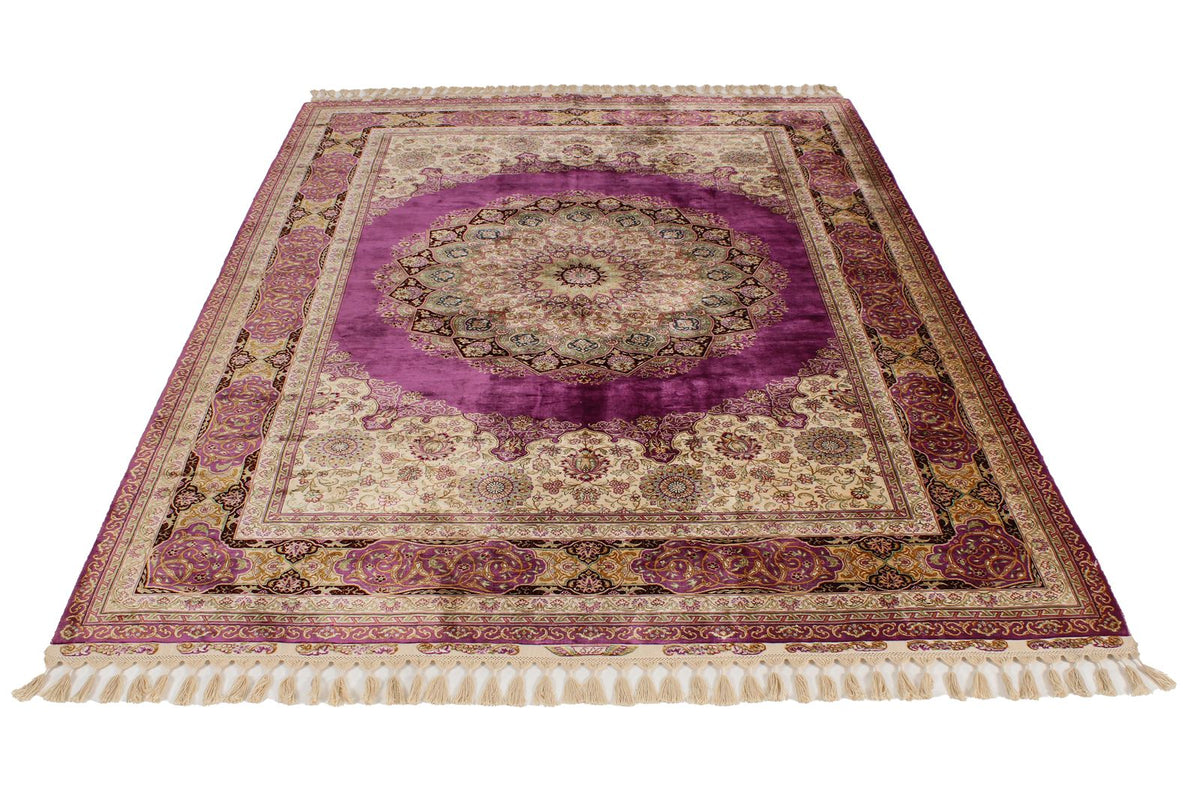 6x8 Purple and Ivory Turkish Silk Rug