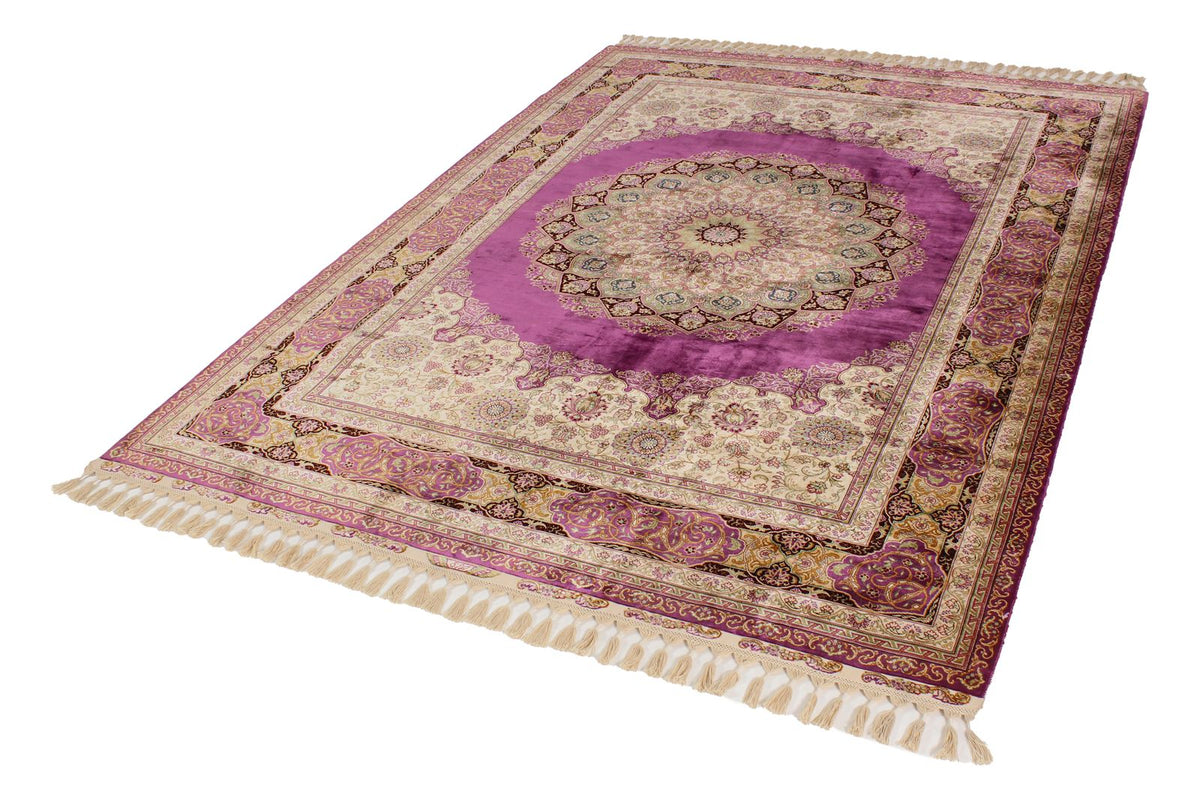 6x8 Purple and Ivory Turkish Silk Rug