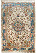 6x9 Ivory and Blue Turkish Silk Rug