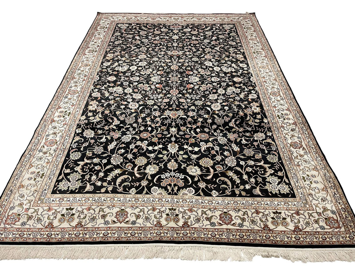 6x9 Black and Ivory Turkish Silk Rug