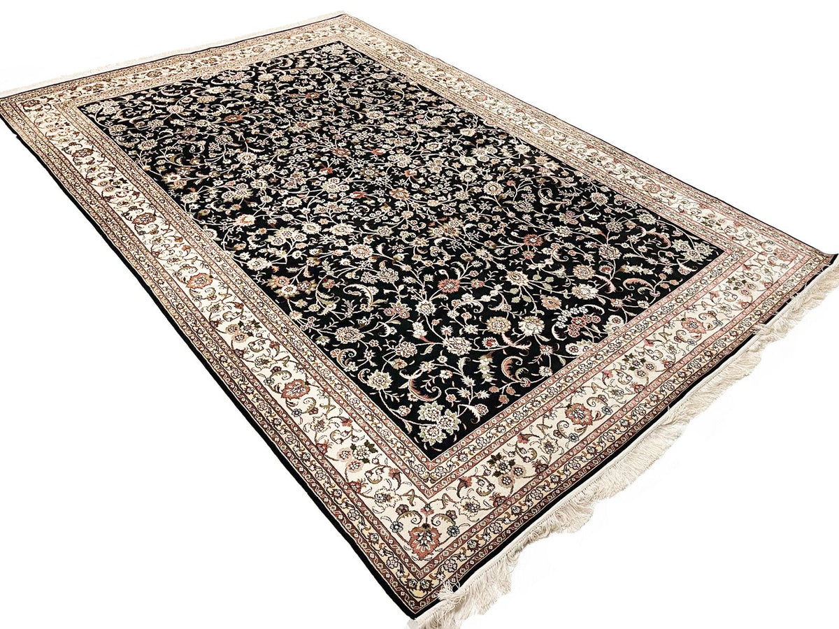 6x9 Black and Ivory Turkish Silk Rug