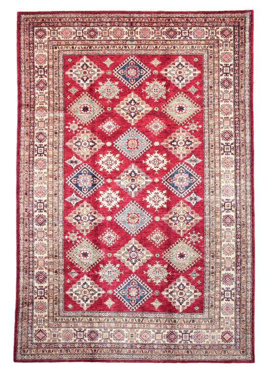 7x10 Red and Ivory Kazak Tribal Rug
