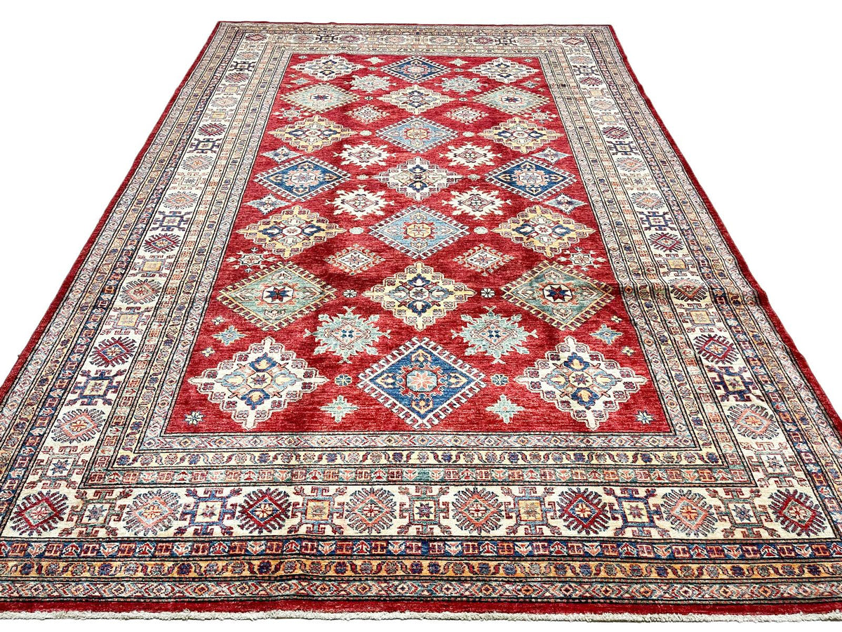 7x10 Red and Ivory Kazak Tribal Rug