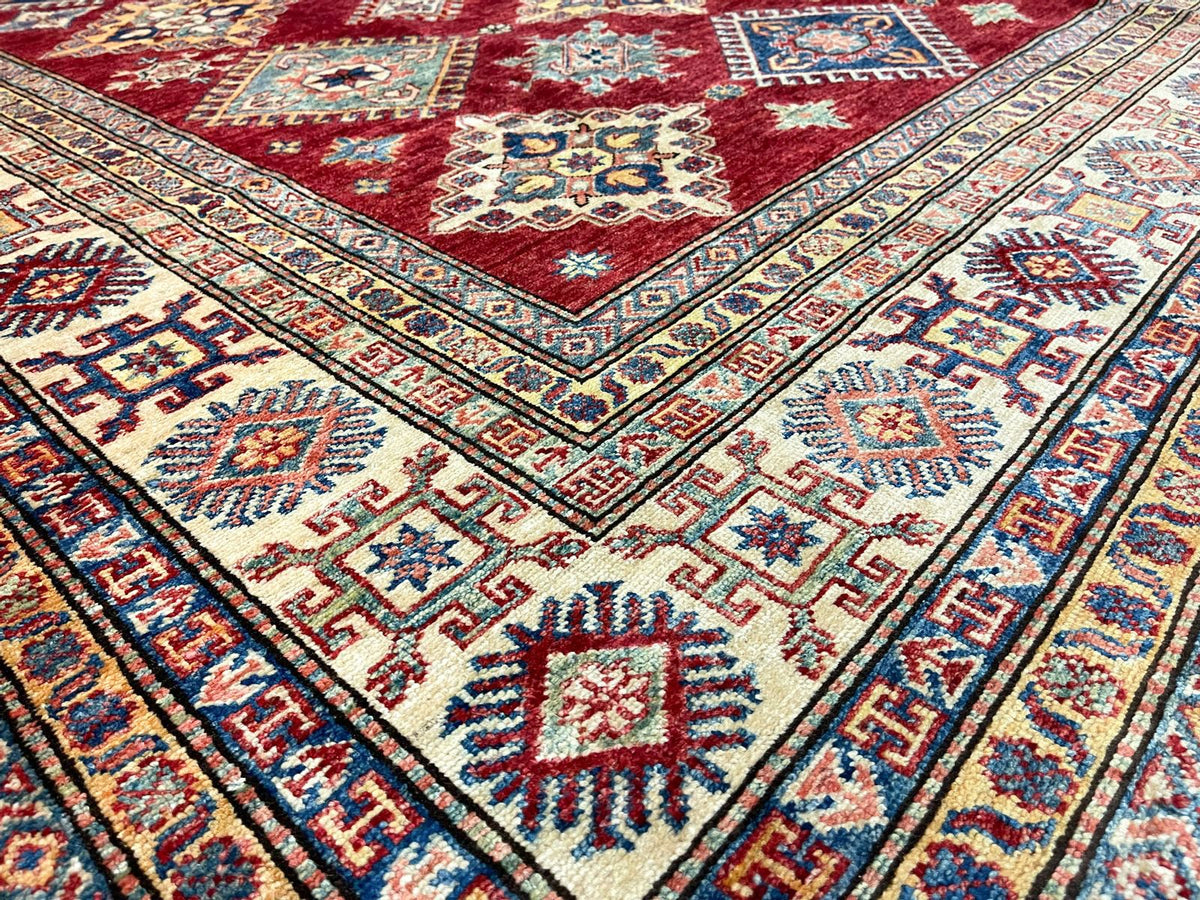 7x10 Red and Ivory Kazak Tribal Rug