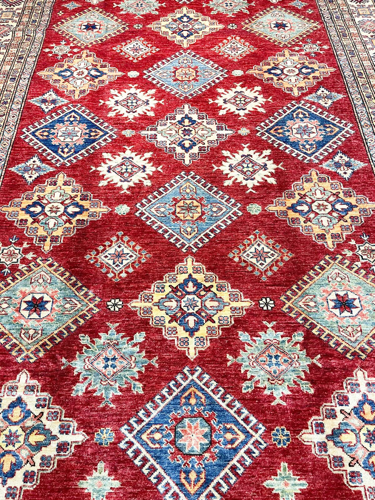 7x10 Red and Ivory Kazak Tribal Rug