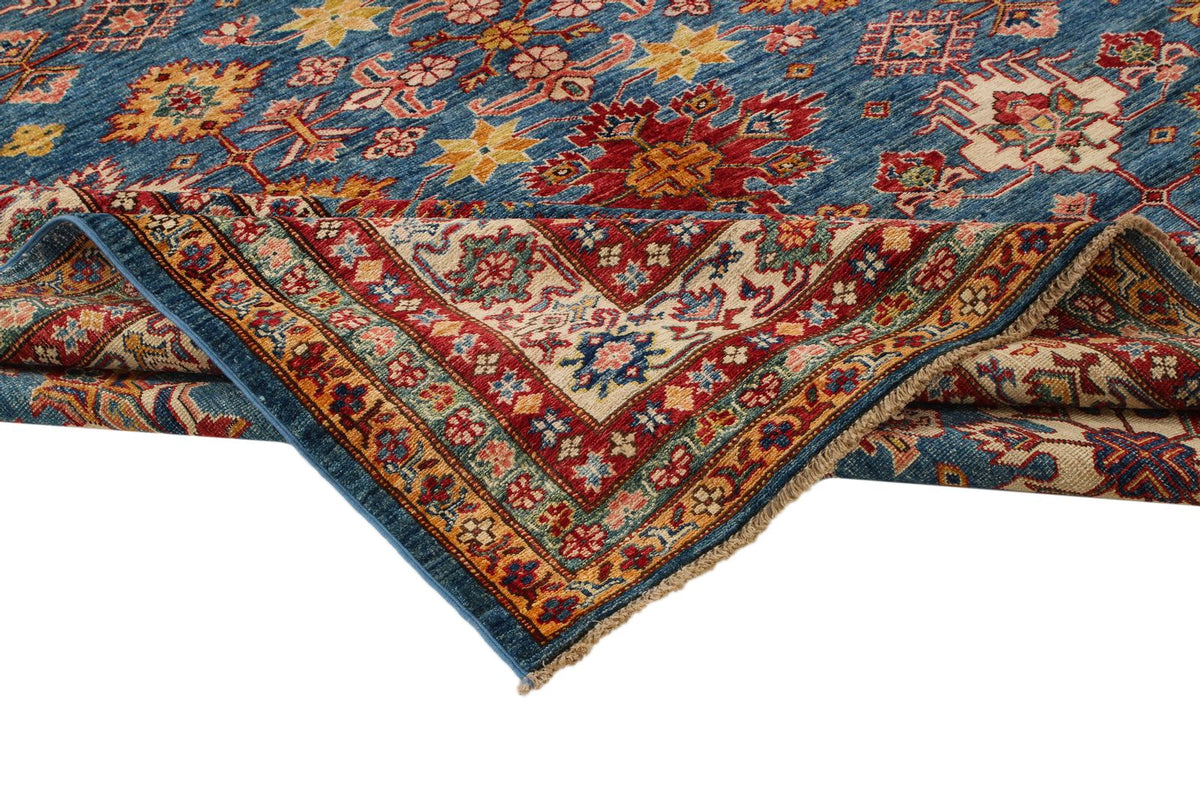 8x10 Blue and Ivory Kazak Tribal Rug